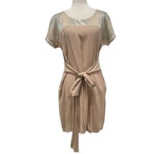 Lorafolk Metallic Silk Shift Waist Tie Champagne Mini Dress Size FR 40 US 8